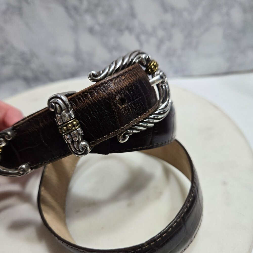Brighton Belt Womens Large 34 Brown‎ Leather Silver Gold Tone Western Buckle - Picture 5 of 12